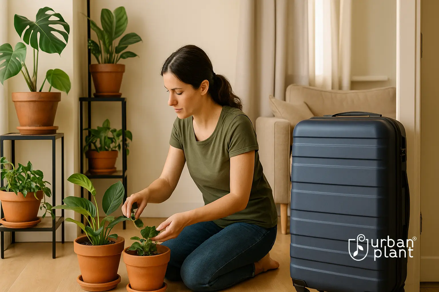 Urban Plant – A woman carefully tending to her houseplants before packing for a vacation